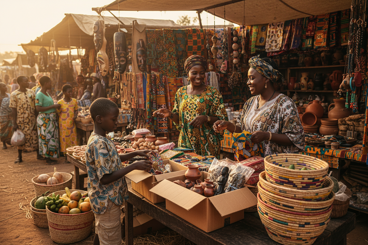 a welcoming African Market depicting a young african boy preparing orders to ship while another worker assists customers